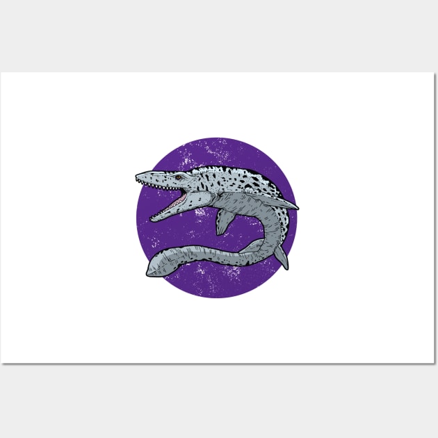 Mosasaurus on Purple Circle Wall Art by danchampagne